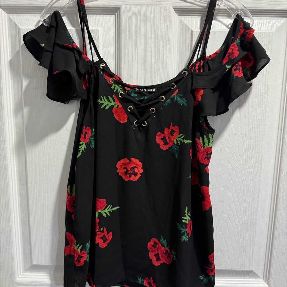 Express Black and Red Flutter Sleeve Blouse